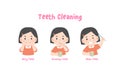 3 steps a Asian girl cleaning his teeth with toothbrush by brushing teeth. illustration vector on white background. Kids Concept Royalty Free Stock Photo