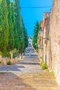 365 steps of Carrer del Calvari stairway leading to the El Calvari chapel at Pollenca, Mallorca, Spain Royalty Free Stock Photo