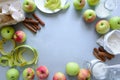 Steps of cooking apple pie. Fresh harvest apples, cinnamon, flour, sugar, butter, eggs, milk and baking mold Royalty Free Stock Photo