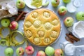 Steps of cooking apple pie. Fresh harvest apples, cinnamon, flour, sugar, butter, eggs, milk and baking mold Royalty Free Stock Photo