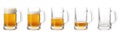 Steps of discharge glass of beer on white background. Drinking beer process