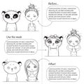3 steps Facial treatment monochrome instruction, girl and panda