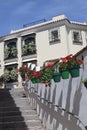 Steps half in shade with colourful flowers in pots in Estepona, Spain