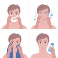 Steps handsome man shaving with foam and cleaning face skin care concept