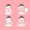 Steps how to apply facial mask. Woman with step of face masking.