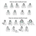 Steps by steps how to wear medical mask and how to remove medical mask vector illustration sketch doodle hand drawn with black Royalty Free Stock Photo