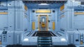 Steps leading to a closed door in a futuristic space station interior with blue metallic walls. 3D illustration