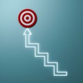 Steps or Light stairs arrow aiming to goal target or red dart board the business concept over light green wall background