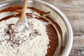 Steps of making chocolate cake : mixing ingredients Royalty Free Stock Photo