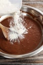 Steps of making chocolate cake : mixing ingredients Royalty Free Stock Photo