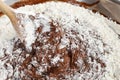 Steps of making chocolate cake : mixing ingredients Royalty Free Stock Photo