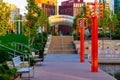 The steps and performance pavilion in Gene Leahy mall Omaha Nebraska at sunrise. Royalty Free Stock Photo