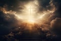 Steps in the sky leading to the Cross. Stairs in the sky. Beautiful Christian picture