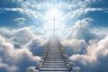 Steps in the sky leading to the Cross. Stairs in the sky. Beautiful Christian picture