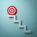 Steps or stairs with goal target or red dart board on top the business concept over light green