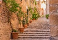 Beautiful street in mediterranean old village of Fornalutx on Majorca island, Spain Royalty Free Stock Photo