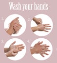 Steps of washing hands effectively. Collage with man on pink background Royalty Free Stock Photo