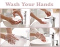 Steps of washing hands effectively. Collage with person over sink in bathroom Royalty Free Stock Photo