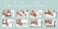 Steps of washing hands effectively. Collage with person over sink in bathroom Royalty Free Stock Photo