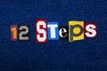 12 STEPS word text collage, multi colored fabric on blue denim, addiction and recovery concept