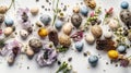 ster display, quail eggs, spring blossoms, white surface