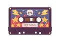 Stereo cassette with pop rock music records of 80s and 90s. Magnetic audio mix tape. Retro analog mixtape. Compact sound