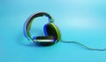 Stereo Headphones on blue color background. Glitch effect Royalty Free Stock Photo