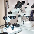 Stereo microscopes on display Royalty Free Stock Photo