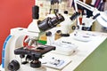 Stereo microscopes on display Royalty Free Stock Photo