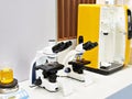 Stereo microscopes at exhibition chemical equipment Royalty Free Stock Photo
