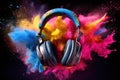 Stereo professional headphones with powerful explosion of mix color powder.AI generated