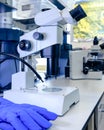 Stereomicroscope pharmaceutical bioscience research in laboratory. Concept of science, laboratory and study of diseases.