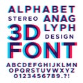 Stereoscopic stereo 3d vector letters and numbers. Colorful glitch alphabet