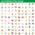 100 stereotype icons set, cartoon style Royalty Free Stock Photo