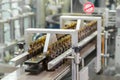 Sterile bottles on the production line conveyor of the pharmaceutical industry. Machine for iquid drugs glassware bottling. Royalty Free Stock Photo