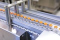 Sterile capsules for injection. Bottles on the bottling line of the pharmaceutical plant. Machine after checking sterile Royalty Free Stock Photo