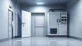 A sterile and empty industrial freezer room with white walls and doors, a large freezer unit, and a single overhead light Royalty Free Stock Photo