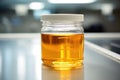 sterile jar containing a urine sample in a laboratory