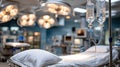 A sterile operating room with a drip IV bag hanging above Royalty Free Stock Photo