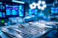 Sterile surgical instruments arranged on a tray in an operating room Royalty Free Stock Photo