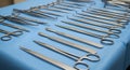 Sterile Surgical Instruments on Blue Drape Royalty Free Stock Photo