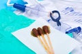 Sterile Urinary Drainage Bag with Anti-Reflux Tower, green vinyl sterile gloves and Povidone Iodine Swabsticks Royalty Free Stock Photo