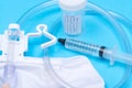 Sterile urinary drainage bag, 10 ml syringe pre-filled with sterile water and specimen container with lid and label Royalty Free Stock Photo