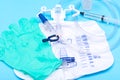 Sterile urinary drainage bag, 10 ml syringe pre-filled with sterile water and specimen container with lid and label Royalty Free Stock Photo