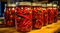 Sterilized chili peppers in a jar. Generative AI