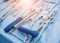 Sterilized surgical instruments and tools on the blue table. A spine surgery Royalty Free Stock Photo