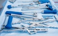 Sterilized surgical instruments and tools on the blue table. Royalty Free Stock Photo