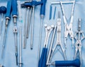 Sterilized surgical instruments and tools on the blue table