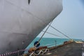 Stern of moored boat and sea horizon. Royalty Free Stock Photo