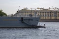 Stern of the frigate Admiral of the Fleet Kasatonov at the pier in St. Petersburg